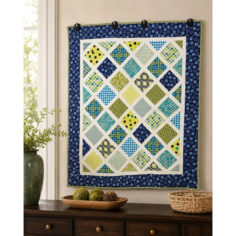 Handmade‎ Reversible Patchwork Quilt 42x36 Blue Green Geometric Modern Decor